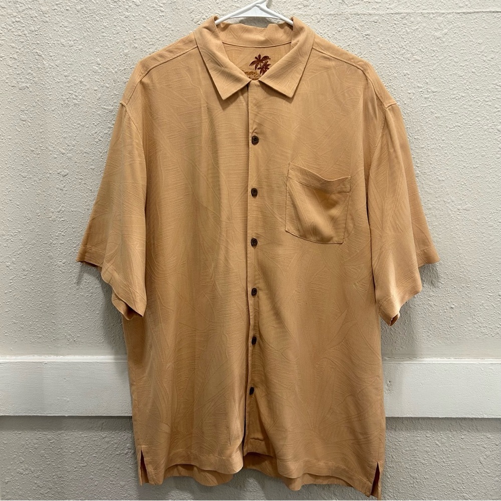 Tommy Bahama Orange Tropical Palm Leaf Button Up Camp Shirt 100% Silk Men's L